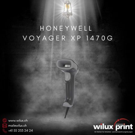 Honeywell Voyager XP 1470G Barcode Scanner auf einer beleuchteten Plattform, mit dem WILUX PRINT Logo und einer Beschreibung der robusten und präzisen Barcode-Scanning-Fähigkeiten.