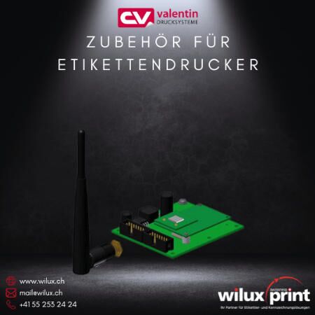 WLAN-Option mit Antenne für Carl Valentin Etikettendrucker, zur kabellosen Verbindung und Effizienzsteigerung bei Etikettierprozessen.