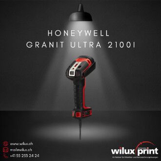 Honeywell Granit Ultra 2100i – Rückseite schräg rechts mit USB-Kabel. Kabelgebundener Industrie-Barcode-Scanner, Nachfolger des Granit XP 1990iXR