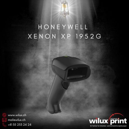Kabelloser Honeywell Xenon XP 1952G Barcode Scanner auf einer beleuchteten Plattform, ideal für Einzelhandels- und Gesundheitsanwendungen, bietet Bluetooth-Konnektivität und IP52-Schutz.