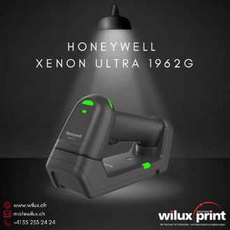 Honeywell Xenon Ultra 1962g liegend auf Basisstation – Nachfolger des Xenon XP 1952g (End of Life). Kabelloses Scannen mit Bluetooth 4.2 und robuster Ladestation.