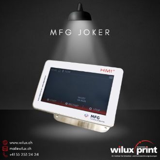 Das HMI+ Touch-Display zur intuitiven Steuerung des hochauflösenden Piezo Druckers Joker. Die grafische Benutzeroberfläche vereinfacht die Bedienung.