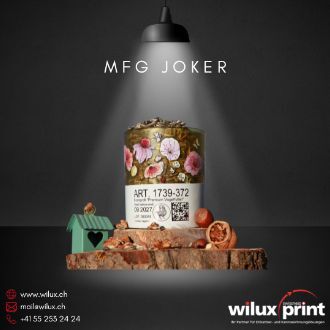 Anwendungsbeispiel für die Direktbeschriftung: Eine dekorative Dose Vogelfutter, die mit dem hochauflösenden Piezo Drucker Joker eine Artikelnummer, ein MHD und einen QR-Code erhalten hat.
