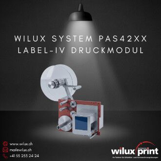 Label-IV Druckmodul der PAS42xx Etikettieranlage — Grundmodul mit Aufnahmeplatte, Abrollhaspel und motorischem Aufwickler für Inline-Thermotransferdruck