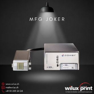 Der hochauflösende Tintenstrahldrucker Joker, bestehend aus dem kompakten Steuergerät und dem Piezo Inkjet Druckkopf mit integrierter Kartusche.