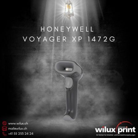 Honeywell Voyager XP 1472G kabelloser Barcode Scanner auf einer beleuchteten Plattform, mit WILUX PRINT Logo, beschrieben als kabellose und robuste Scanning-Lösung für Einzelhandel, Logistik und Gesundheitswesen.