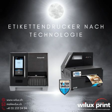 Das Bild zeigt zwei Etikettendrucker: links den Honeywell PM45, einen Thermodrucker, und rechts den Afinia L801, einen Farbetikettendrucker mit WaterShield-Technologie für wasserfeste Etiketten.