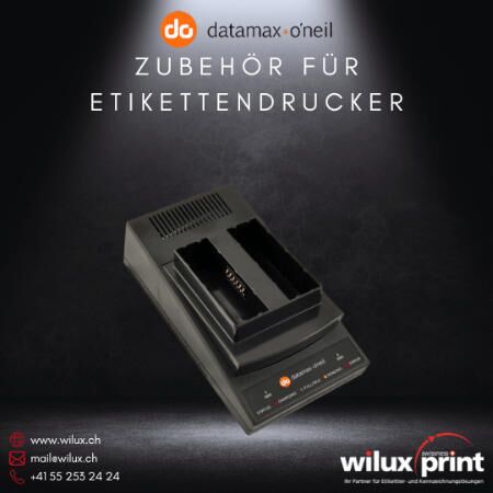 Datamax Akku Ladestation, ein essentielles Zubehör für Etikettendrucker, das für effiziente Aufladung von Ersatzakkus sorgt und die Betriebszeit der Etikettendrucker maximiert.
