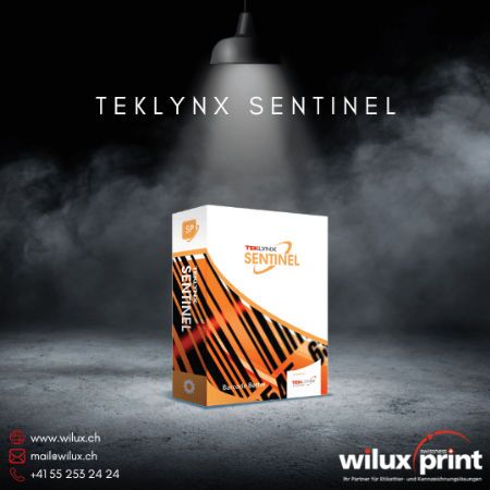 TEKLYNX SENTINEL Box in einem beleuchteten Setting, repräsentiert zentrale Druckverwaltung und Prozessautomatisierung, kompatibel mit über 3000 Druckern und hardwareunabhängigen Lösungen.