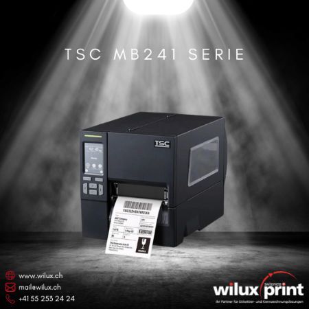 TSC MB241 Serie industrieller Etikettendrucker, unterstützt Thermodirekt- und Thermotransferdruck, mit TSC Sense Care-Technologie zur Überwachung und Wartung, ideal für hohe Volumen in Produktionsumgebungen.