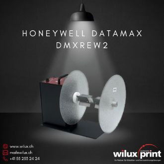 Honeywell Datamax DMXREW2 Etiketten-Auf-/Abwickler mit Constant Adjustable Torque™-Technologie, robustem Stahlgehäuse und bidirektionaler Funktion für präzises und effizientes Etikettenhandling.