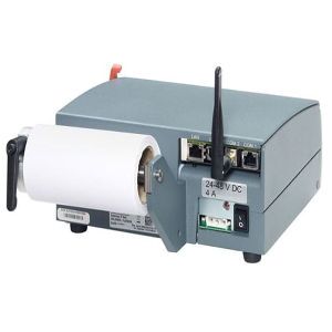 Rückansicht des MP Compact 4 mit Etikettenrolle und WLAN - Industrietauglicher Etiketten-Tischdrucker