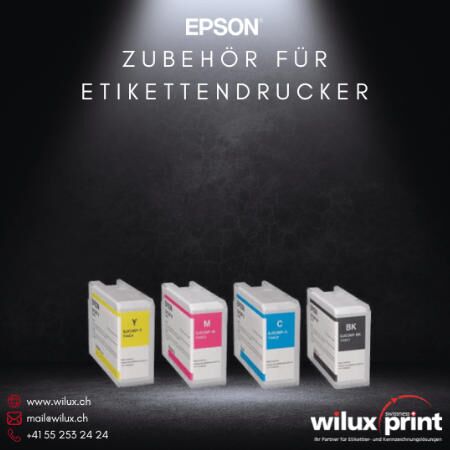 Epson Tintenset bestehend aus den Farben Gelb, Magenta, Cyan und Schwarz, optimiertes Zubehör für Epson Etikettendrucker zur Sicherstellung einer konstanten Druckqualität.