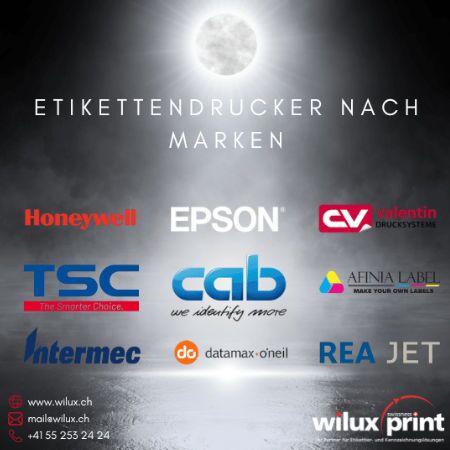 Logos führender Etikettendrucker-Marken: Honeywell, Epson, Carl Valentin, TSC, cab, Afinia, Intermec, Datamax, REA JET. Perfekt für Etikettendruck-Lösungen in Industrie, Handel und Logistik.