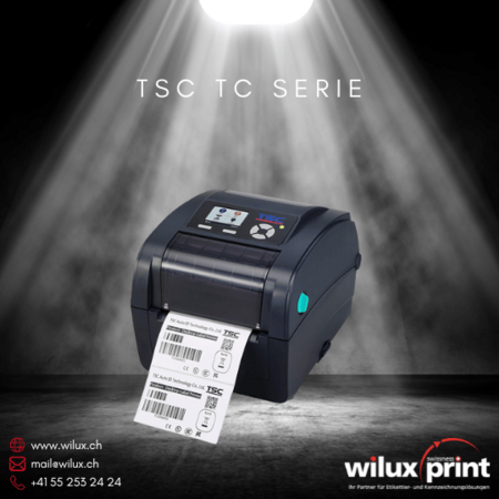 TSC TC Serie Desktop-Etikettendrucker mit herausragender Druckqualität, unterstützt Thermodirekt- und Thermotransferdruck, bietet benutzerfreundliches Design für vielseitige Anwendungen in verschiedenen Branchen.