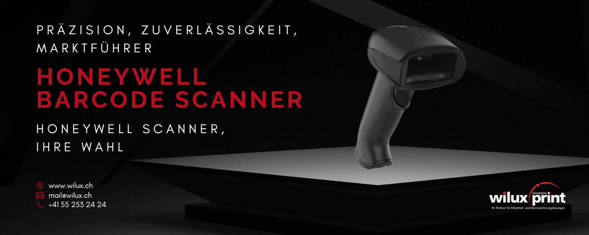 Honeywell Barcode Scanner auf einer beleuchteten Plattform, mit dem WILUX PRINT Logo, dargestellt mit dem Text „Präzision, Zuverlässigkeit, Marktführer“ in roter und weisser Schrift.