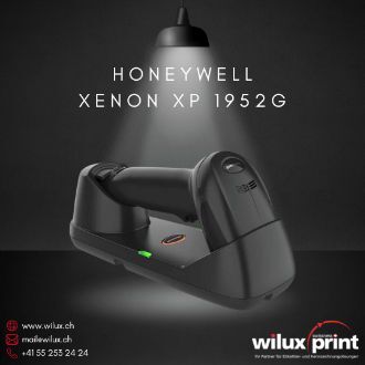Honeywell Xenon XP 1952g (End of Life) in Schwarz, liegend in der Ladestation – kabelloser Barcode-Scanner für Einzelhandel und Lagerlogistik. Nachfolger: Honeywell Xenon Ultra 1962g.